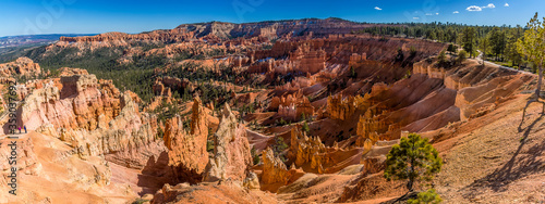 A panorama view of Bryce Canyon, Utah showing the rim trail
