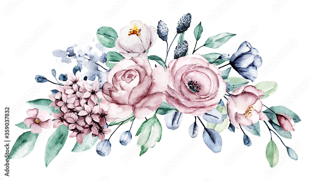 Fototapeta premium Pink flowers watercolor, floral print. Bouquet roses perfectly for printing design on invitations, cards, wall art and other. Isolated on white background. Hand painting. 