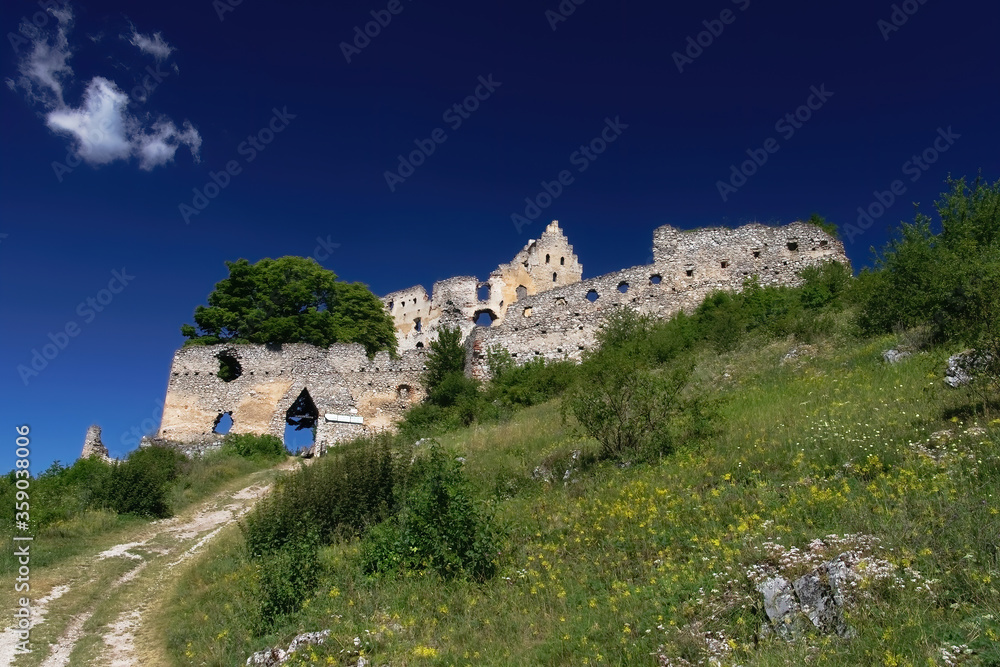 Castle ruins of Topolcany, old castle breakaway in Slovakia. Tourist attraction, tourism destination. Slovak historical castles, chateaus and churches.