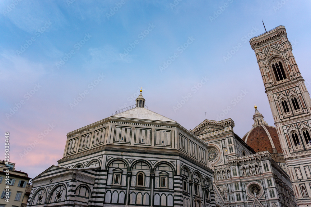 Details of Cathedral of Saint Mary of the Flower, called Cattedrale di Santa Maria del Fiore in Florence Tuscany. Also known Cathedral of Florence or Duomo Di Firenze.