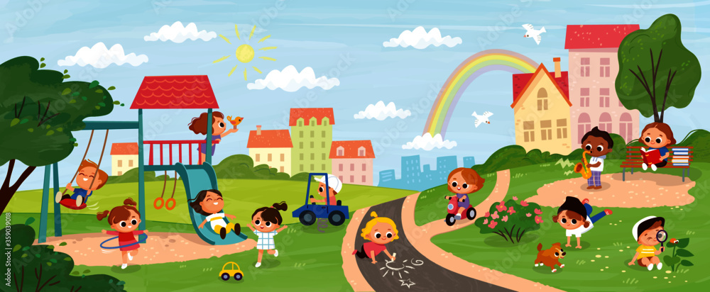 Children playing in the park. Playground with kids. Summer background. Kids summer activities outdoors.