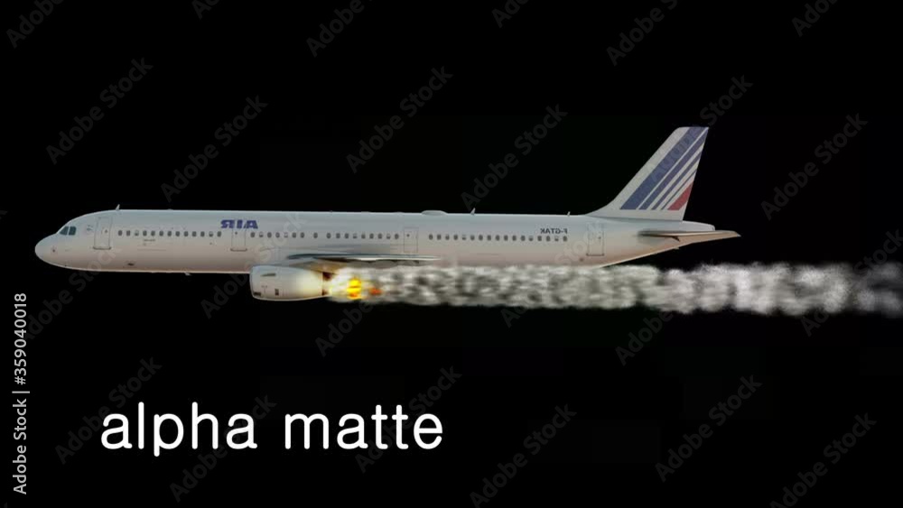 Emergency landing of a airplane with left engine on fire. Concept of aerial accident. green screen Emergency landing of a airplane with left engine on fire. Concept of aerial accident. green screen