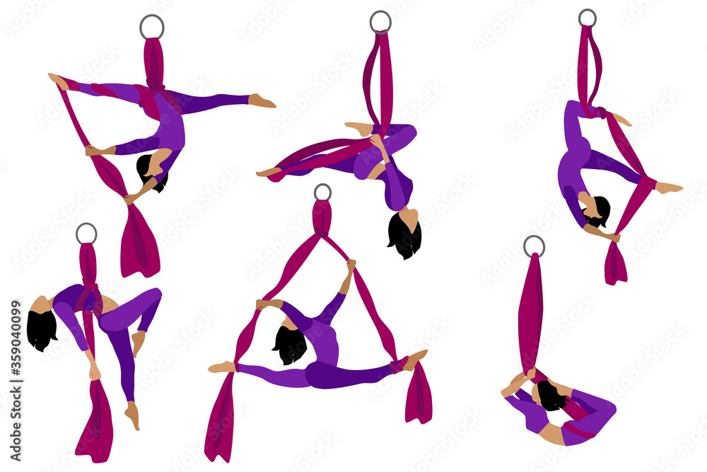Vecteur Stock Set. Aerial with silk ribbon and hammock. Girl. Aerial Yoga.  Stretching exercises. | Adobe Stock