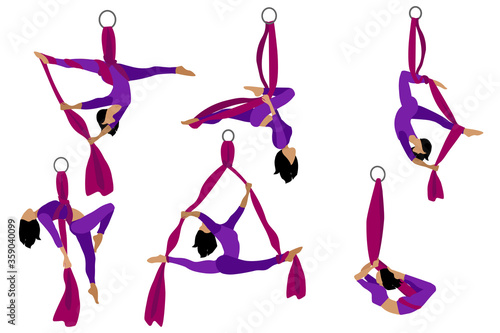 Set. Aerial with silk ribbon and hammock. Girl. Aerial Yoga. Stretching exercises.