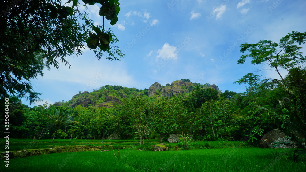 A beautiful view of the ancient volcano in Yogyakarta A beautiful view of the ancient volcano in Yogyakarta