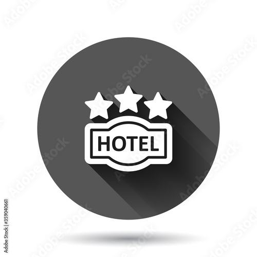 Hotel 3 stars sign icon in flat style. Inn vector illustration on black round background with long shadow effect. Hostel room information circle button business concept.