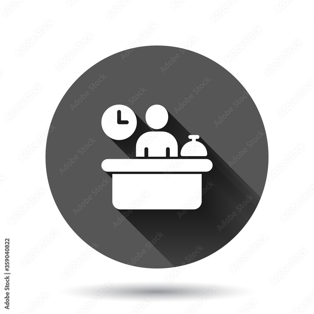 Check in reception icon in flat style. Booking service vector illustration on black round background with long shadow effect. Hotel reservation circle button business concept. Check in reception icon in flat style. Booking service vector illustration on black round background with long shadow effect. Hotel reservation circle button business concept.