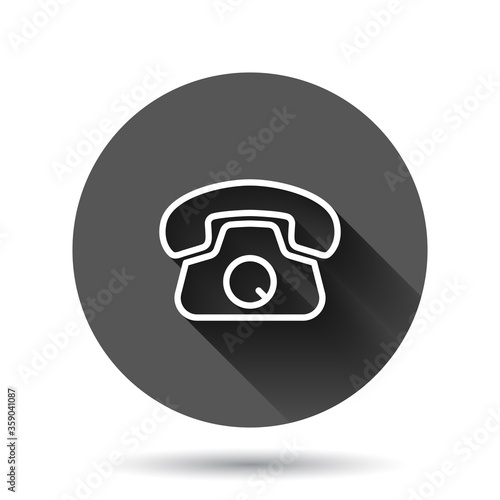 Mobile phone icon in flat style. Telephone talk vector illustration on black round background with long shadow effect. Hotline contact circle button business concept.