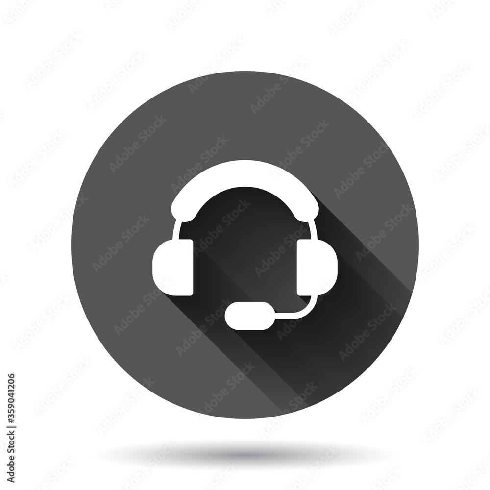 Helpdesk icon in flat style. Headphone vector illustration on black round background with long shadow effect. Chat operator circle button business concept.