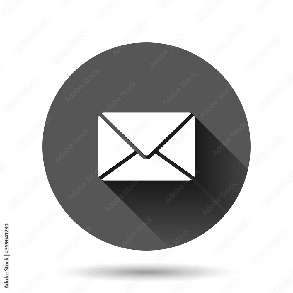Email message icon in flat style. Mail document vector illustration on black round background with long shadow effect. Message correspondence circle button business concept. Email message icon in flat style. Mail document vector illustration on black round background with long shadow effect. Message correspondence circle button business concept.
