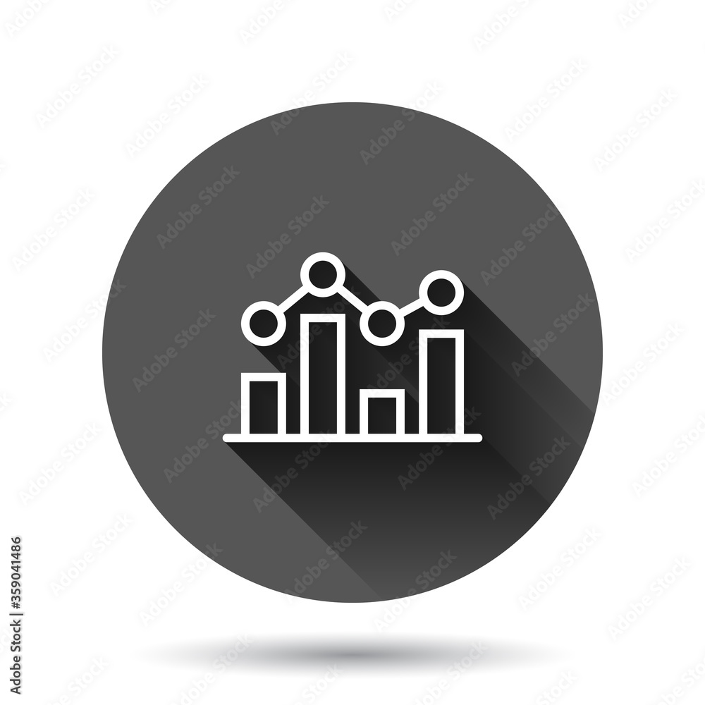 Chart graph icon in flat style. Arrow grow vector illustration on black round background with long shadow effect. Analysis circle button business concept.