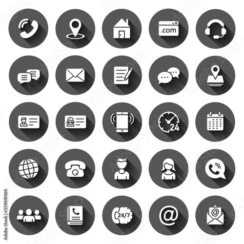 Contact icon set in flat style. Phone communication vector illustration on black round background with long shadow effect. Website equipment circle button business concept.