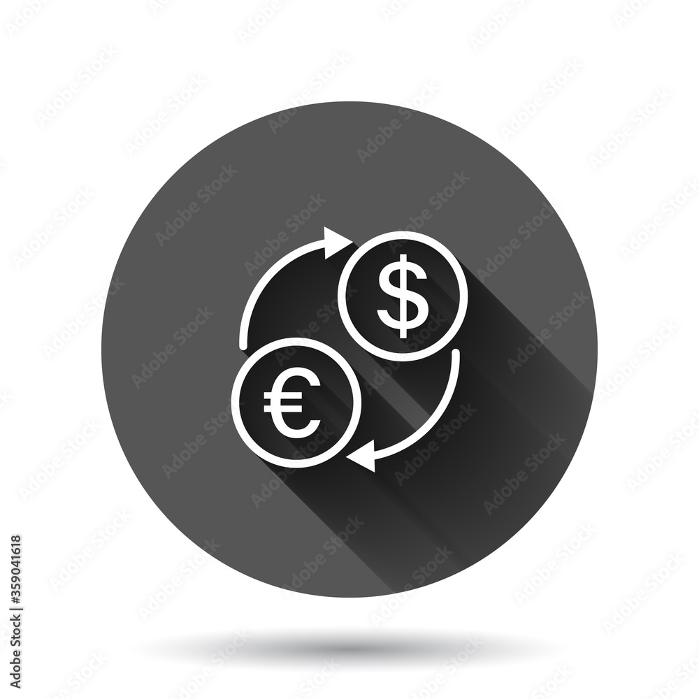 Currency exchange icon in flat style. Dollar euro transfer vector illustration on black round background with long shadow effect. Financial process circle button business concept. Currency exchange icon in flat style. Dollar euro transfer vector illustration on black round background with long shadow effect. Financial process circle button business concept.