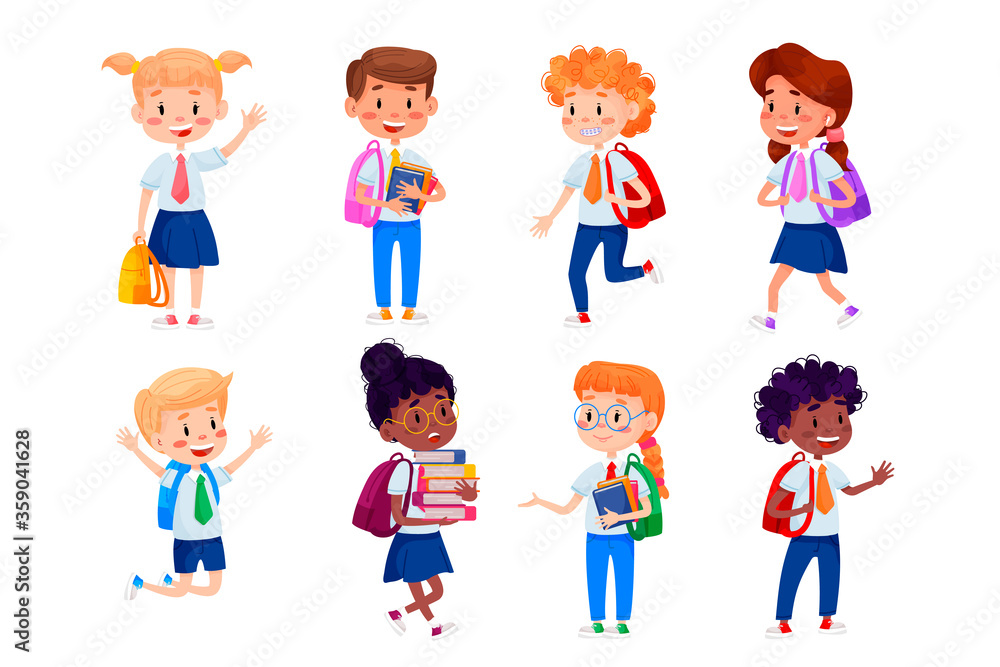 Vector children are going to school. Back to school illustration. Vector kids education illustration on white isolated background.