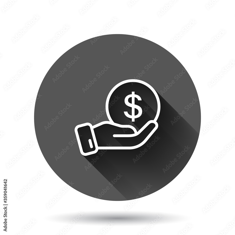 Remuneration icon in flat style. Money in hand vector illustration on black round background with long shadow effect. Coin payroll circle button business concept. Remuneration icon in flat style. Money in hand vector illustration on black round background with long shadow effect. Coin payroll circle button business concept.
