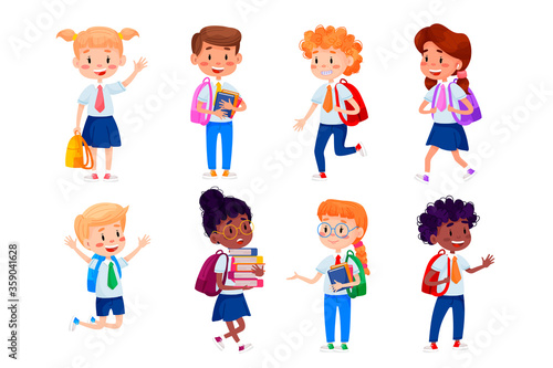 Vector children are going to school. Back to school illustration. Vector kids education illustration on white isolated background.