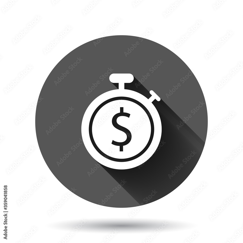 Time is money icon in flat style. Clock with dollar vector illustration on black round background with long shadow effect. Currency circle button business concept. Time is money icon in flat style. Clock with dollar vector illustration on black round background with long shadow effect. Currency circle button business concept.