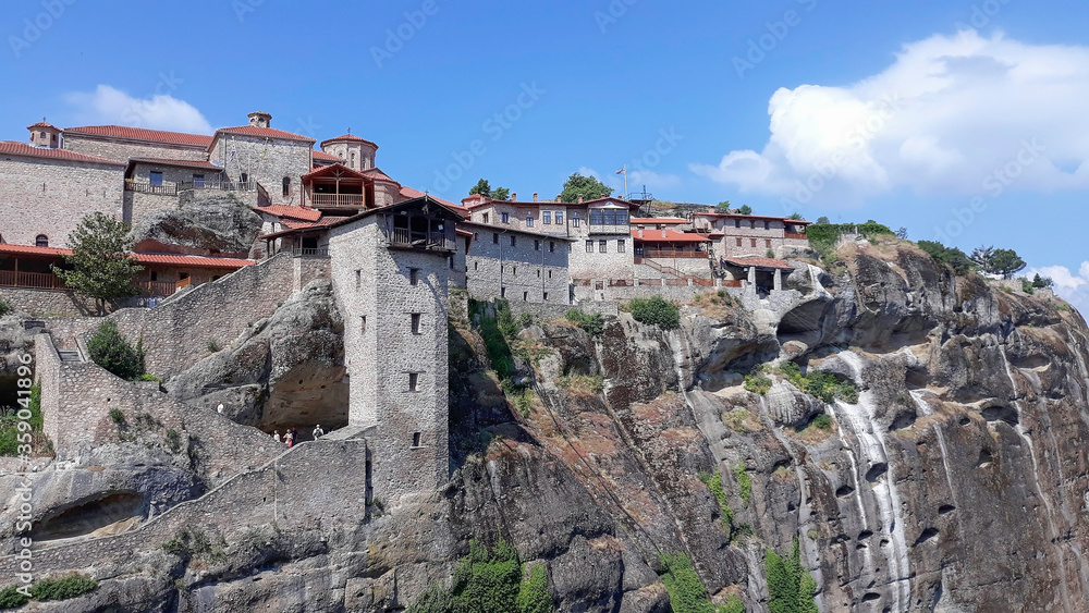 Holy Monastery of Great Meteoron, Greece, summer 2019. It is located in Meteora where the monasteries are on top of gigantic rocks. Greece's famous tourist destination with picturesque landscapes