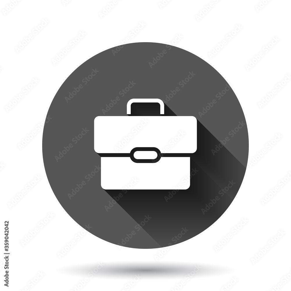 Briefcase icon in flat style. Businessman bag vector illustration on black round background with long shadow effect. Portfolio circle button business concept. Briefcase icon in flat style. Businessman bag vector illustration on black round background with long shadow effect. Portfolio circle button business concept.