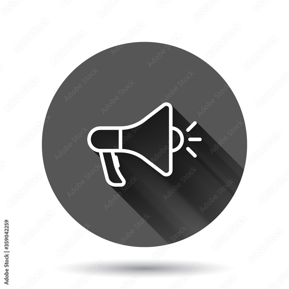 Megaphone speaker icon in flat style. Bullhorn sign vector illustration on black round background with long shadow effect. Scream announcement circle button business concept. Megaphone speaker icon in flat style. Bullhorn sign vector illustration on black round background with long shadow effect. Scream announcement circle button business concept.