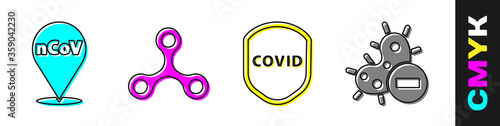 Set Corona virus 2019-nCoV on location, Virus, Shield protecting from virus and Negative virus icon. Vector