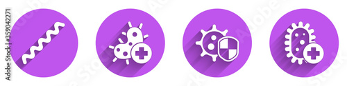 Set Virus, Positive virus, Shield protecting from virus and Positive virus icon with long shadow. Vector