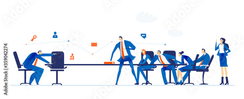 Business meeting. Business people sitting by the meeting desk, talking and discussing strategy, arguing, trying to find solution, taking a risk, Business concept illustration