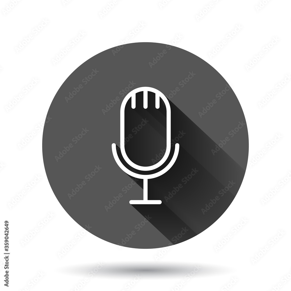Microphone icon in flat style. Studio mike vector illustration on black round background with long shadow effect. Audio record circle button business concept. Microphone icon in flat style. Studio mike vector illustration on black round background with long shadow effect. Audio record circle button business concept.