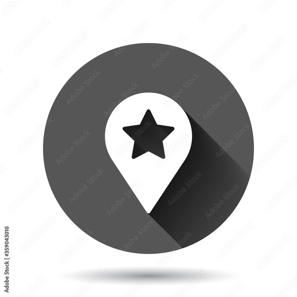 Map pin icon in flat style. GPS navigation vector illustration on black round background with long shadow effect. Locate position circle button business concept. Map pin icon in flat style. GPS navigation vector illustration on black round background with long shadow effect. Locate position circle button business concept.