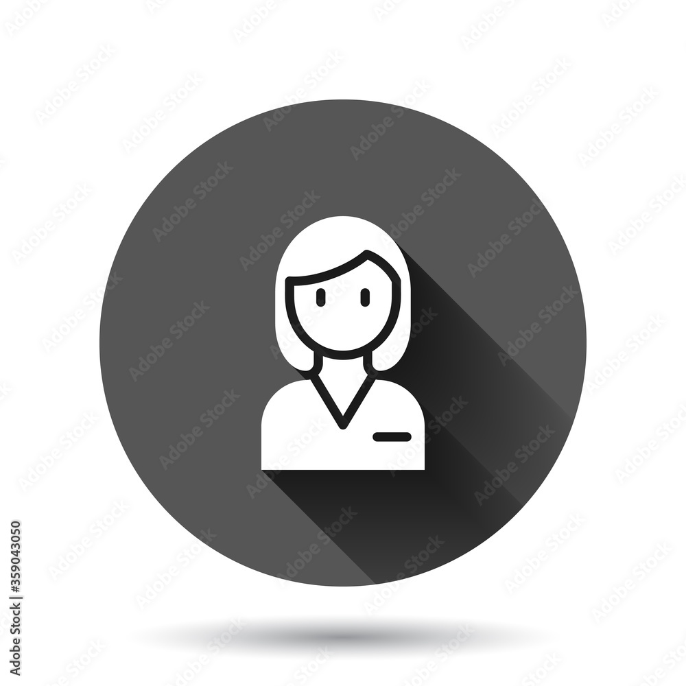 Woman face icon in flat style. People vector illustration on black round background with long shadow effect. Partnership circle button business concept. Woman face icon in flat style. People vector illustration on black round background with long shadow effect. Partnership circle button business concept.