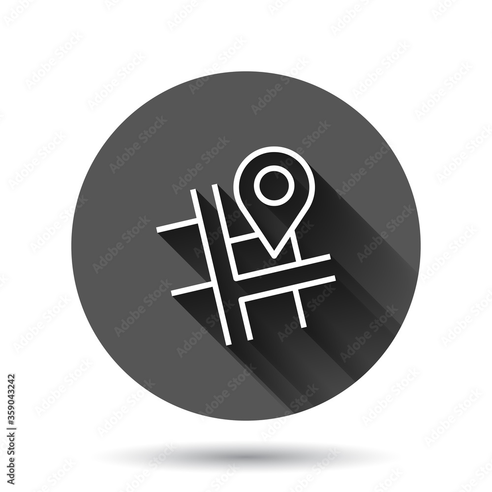 Map pin icon in flat style. gps navigation vector illustration on black round background with long shadow effect. Locate position circle button business concept. Map pin icon in flat style. gps navigation vector illustration on black round background with long shadow effect. Locate position circle button business concept.