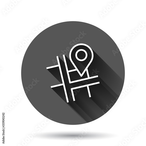 Map pin icon in flat style. gps navigation vector illustration on black round background with long shadow effect. Locate position circle button business concept.