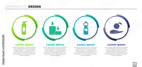 Set Spray can for hairspray, Burning candle, Bottle of water and Apple in hand. Business infographic template. Vector