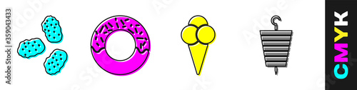 Set Chicken nuggets, Donut, Ice cream in waffle cone and Grilled shish kebab icon. Vector