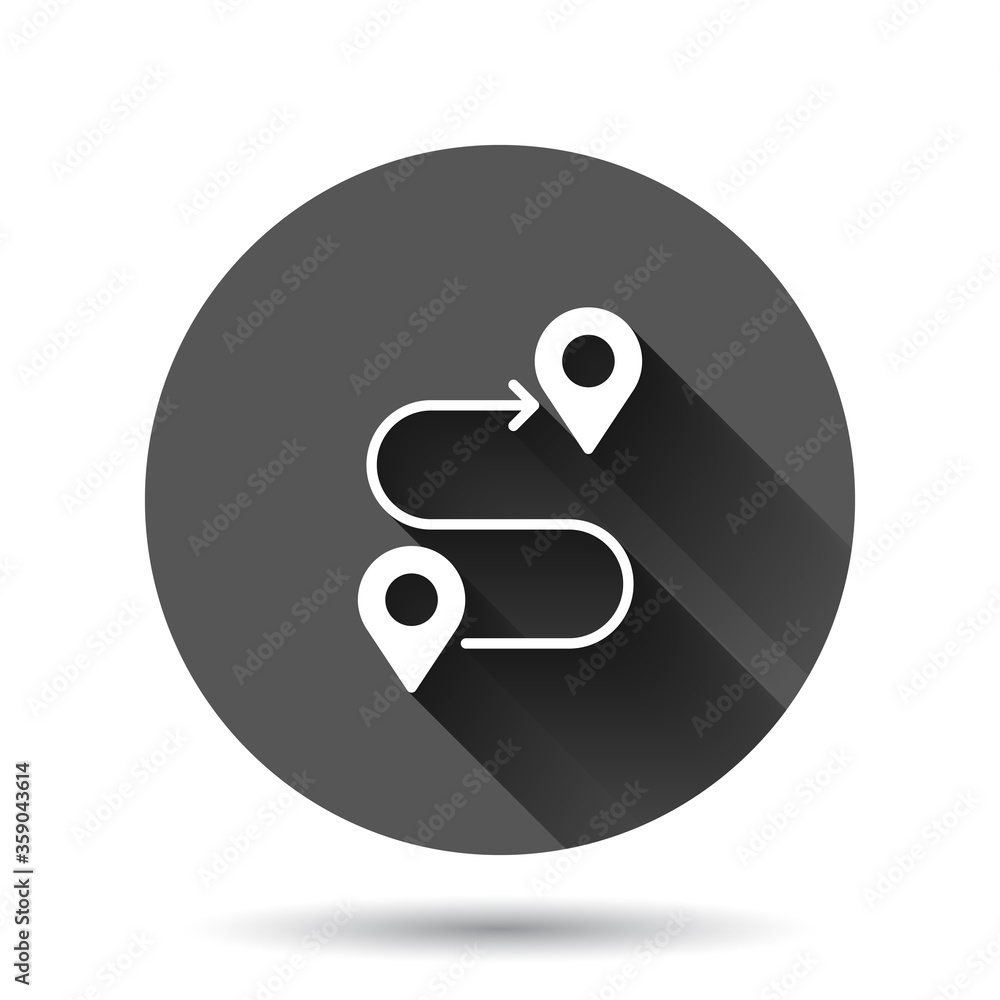 Map pin icon in flat style. GPS navigation vector illustration on black round background with long shadow effect. Locate position circle button business concept. Map pin icon in flat style. GPS navigation vector illustration on black round background with long shadow effect. Locate position circle button business concept.