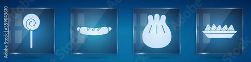 Set Lollipop, Hotdog sandwich, Khinkali on cutting board and Nachos in plate. Square glass panels. Vector