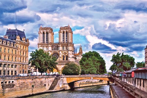 Photography Oil painting of Notre Dame Cathedral. Paris. France.