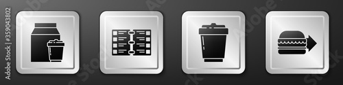 Set Online ordering and delivery, Restaurant cafe menu, Coffee cup to go and Online ordering burger delivery icon. Silver square button. Vector