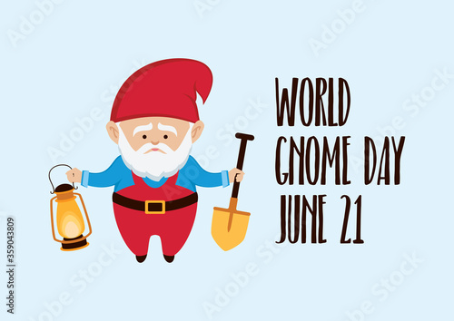 World Gnome Day vector. Garden gnome icon vector. Dwarf with red cap vector. Garden gnome with spade and lantern vector. Cute gnome cartoon character. Gnome Day Poster, June 21