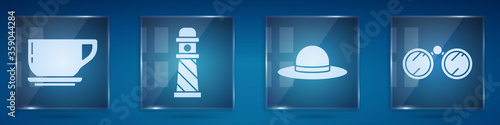 Set Coffee cup, Lighthouse, Elegant women hat and Binoculars. Square glass panels. Vector