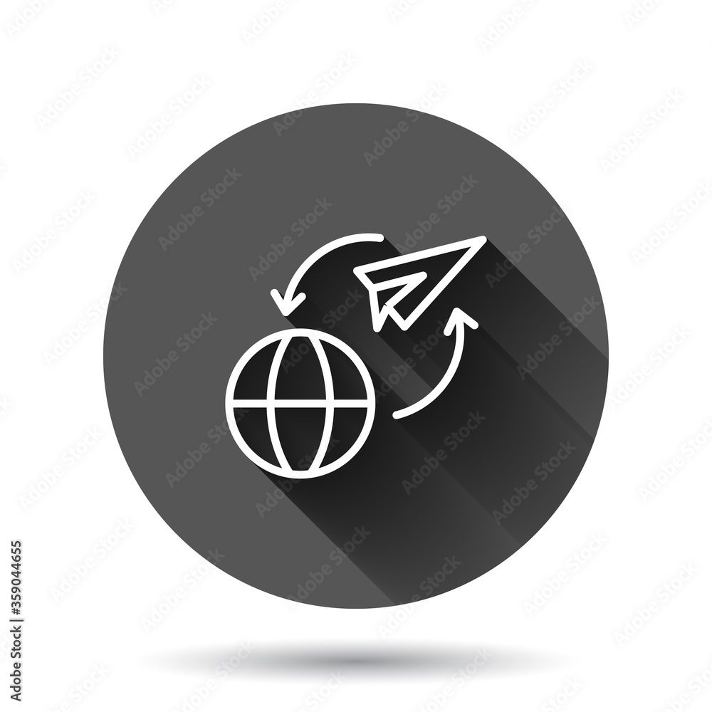 Global travel icon in flat style. Paper plane vector illustration on black round background with long shadow effect. International transport circle button business concept. Global travel icon in flat style. Paper plane vector illustration on black round background with long shadow effect. International transport circle button business concept.