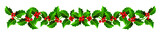 Vector image Christmas garland of holly branches on a white background, ornament for the decor of cards, banners. New Year's colors, red and green.