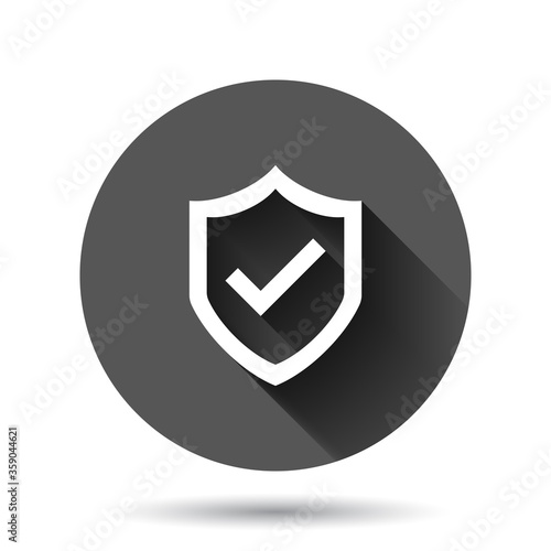 Shield with check mark icon in flat style. Protect vector illustration on black round background with long shadow effect. Checkmark guard circle button business concept.