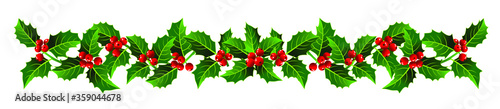 Vector image Christmas garland of holly branches on a white background, ornament for the decor of cards, banners. New Year's colors, red and green.