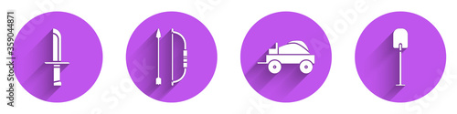 Set Military knife, Bow and arrow in quiver, Wild west covered wagon and Shovel icon with long shadow. Vector