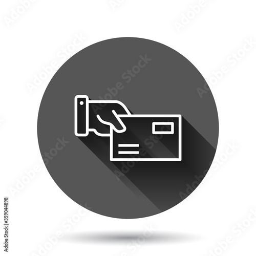 Hand with envelope icon in flat style. Mail letter delivery vector illustration on black round background with long shadow effect. Receive document circle button business concept.