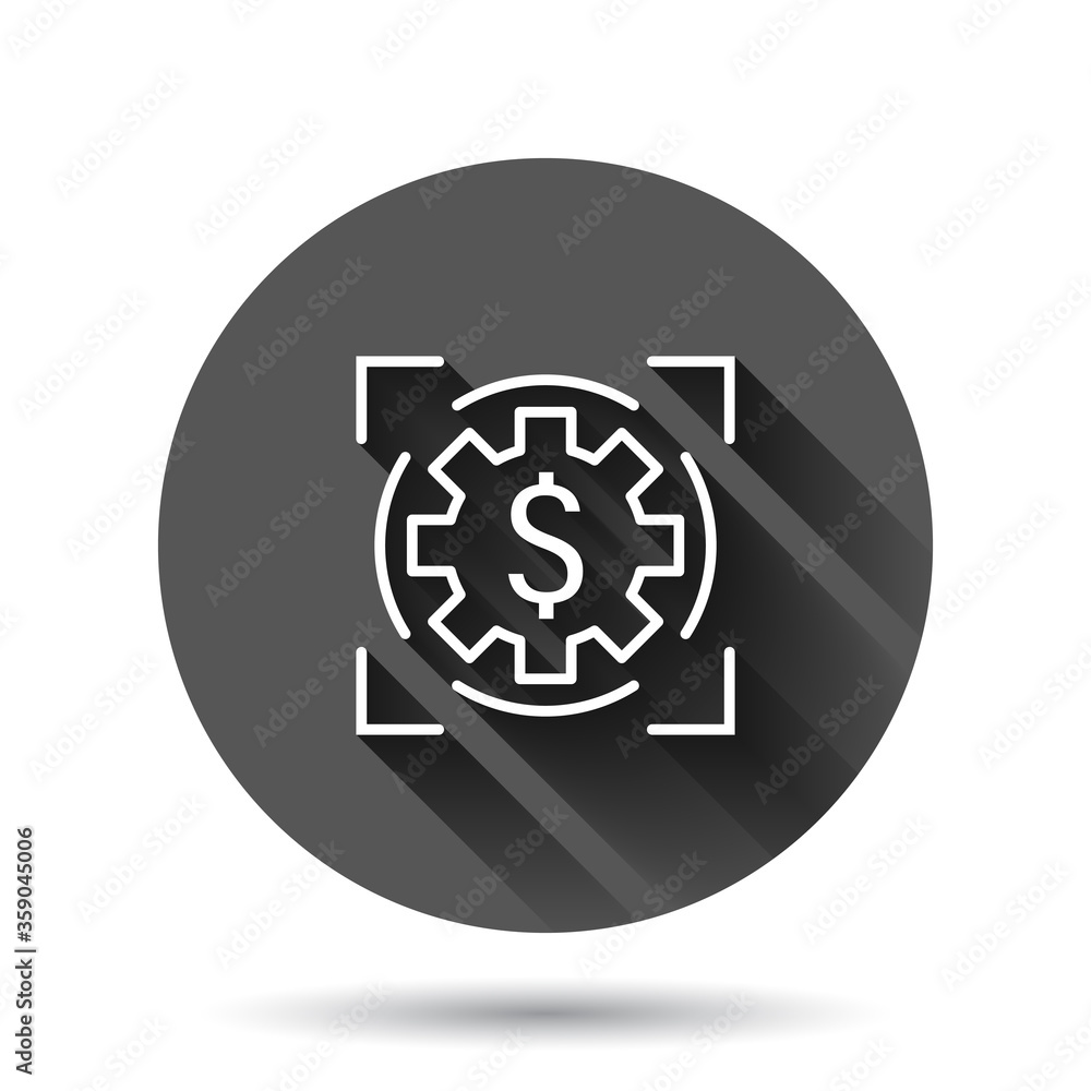 Money revenue icon in flat style. Dollar coin vector illustration on black round background with long shadow effect. Finance structure circle button business concept. Money revenue icon in flat style. Dollar coin vector illustration on black round background with long shadow effect. Finance structure circle button business concept.