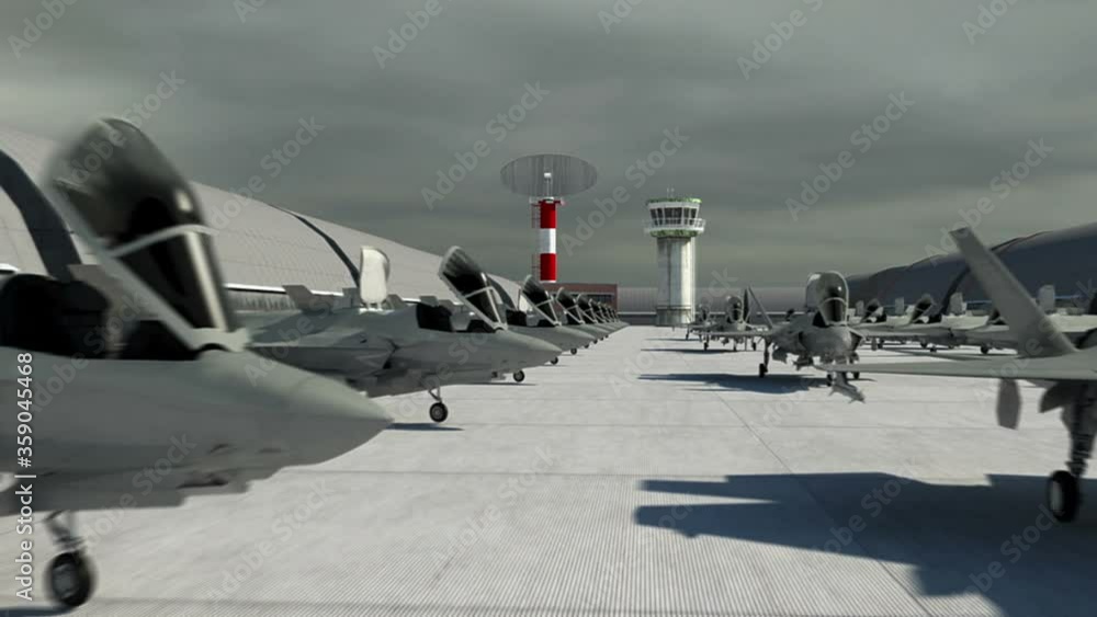 Foreign Operations Base Animation American USA air military base. jet fighter F-35 . Realistic CG ...