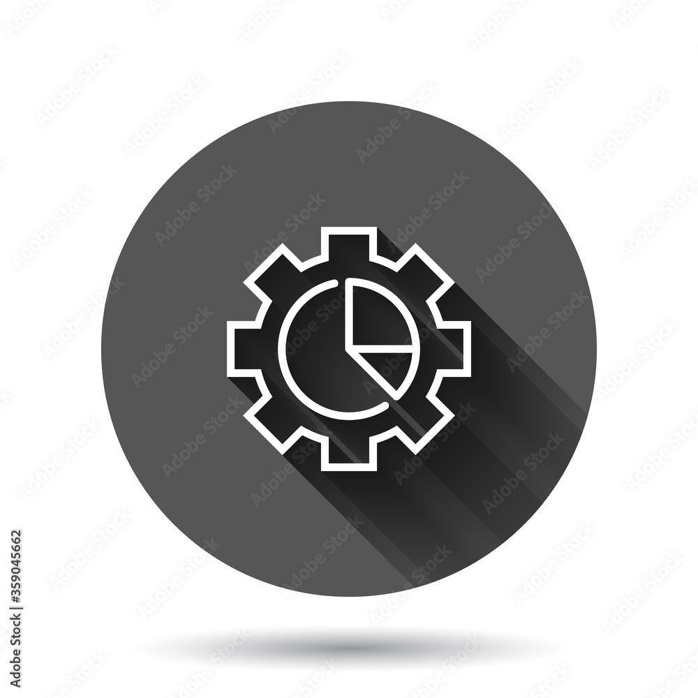 Workflow chart icon in flat style. Gear with diagram vector illustration on black round background with long shadow effect. Process organization circle button business concept. Workflow chart icon in flat style. Gear with diagram vector illustration on black round background with long shadow effect. Process organization circle button business concept.