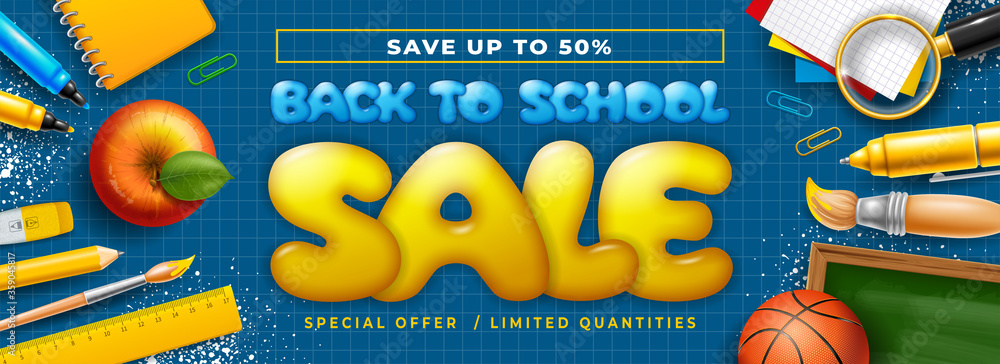 Back to School horizontal advertising banner about sale with school stationery and supplies, felt pens, colored paper, pencil, notebook and other on blue checkered background. Vector illustration.